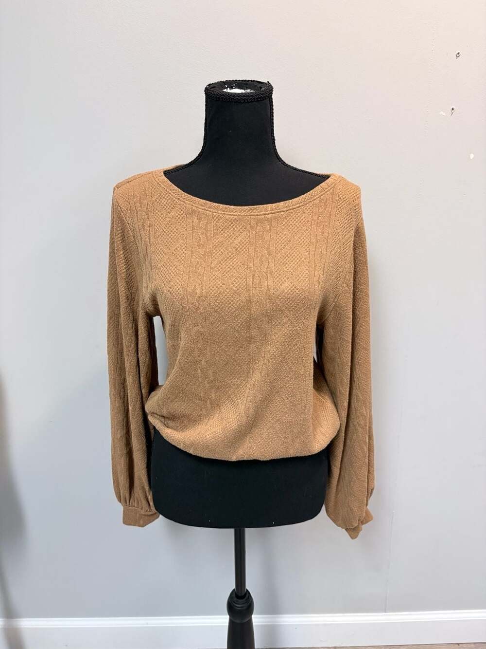 Altar'd State Tan Textured Knit Balloon Sleeve Top Size S